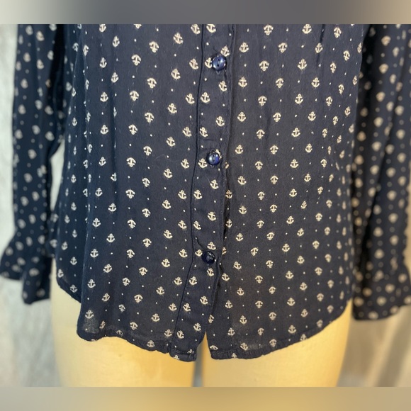 Midnight Sky rayon button down collared blouse- navy with white ship anchors - Picture 2 of 10